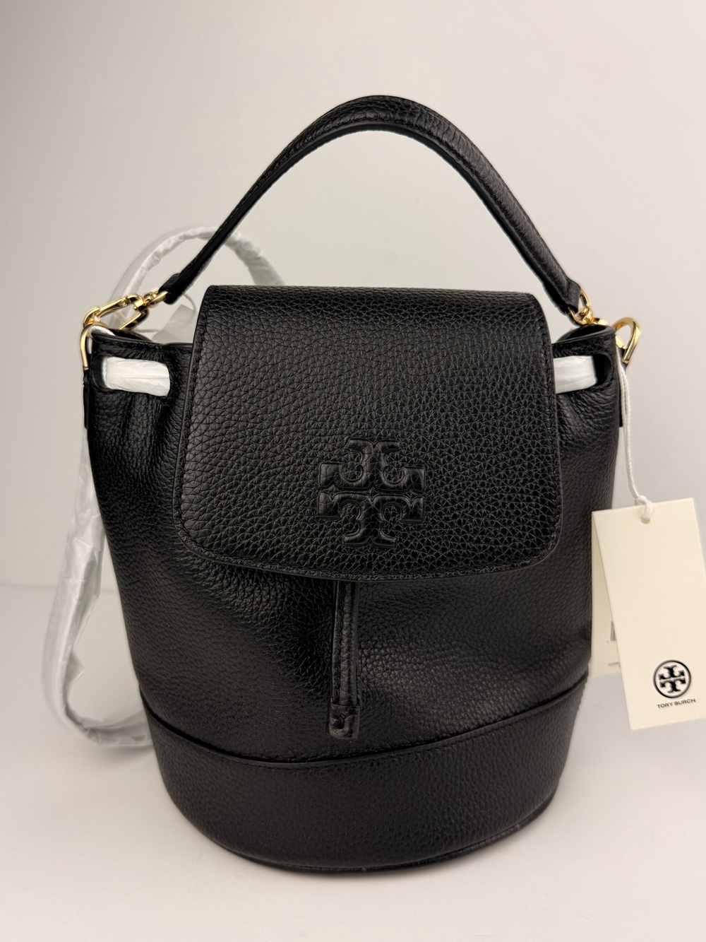 Tory Burch Thea Mini Bucket Backpack Black Pebbled Leather $398